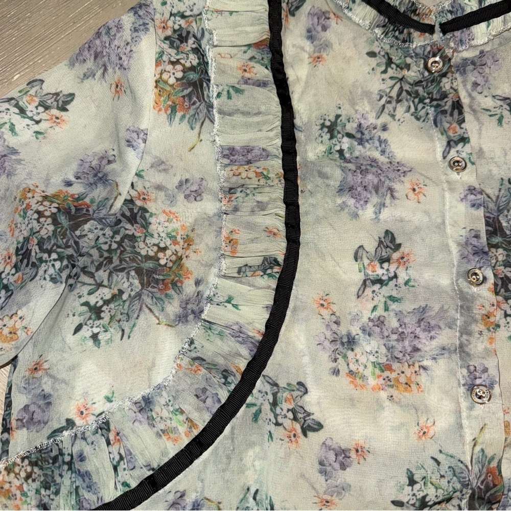 Mint floral Puff Sleeve Ruffled Blouse with Black accents pastel goth mock neck - Picture 7 of 11